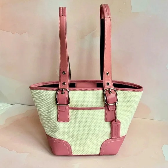 COACH Pink Tote Cream Woven Straw Handbag B04K4467 - Picture 8 of 8